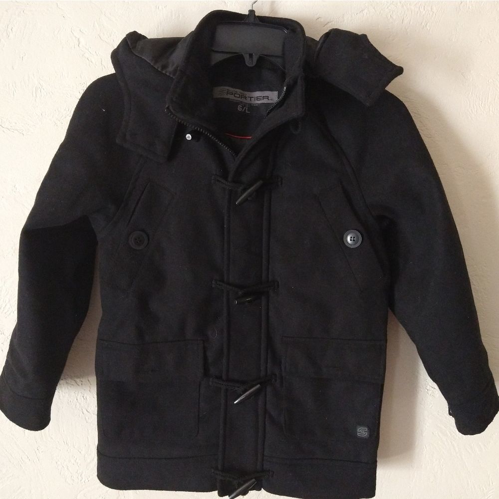Sportier Black Coat with Removable Zippered Hood and Toggle Buttons